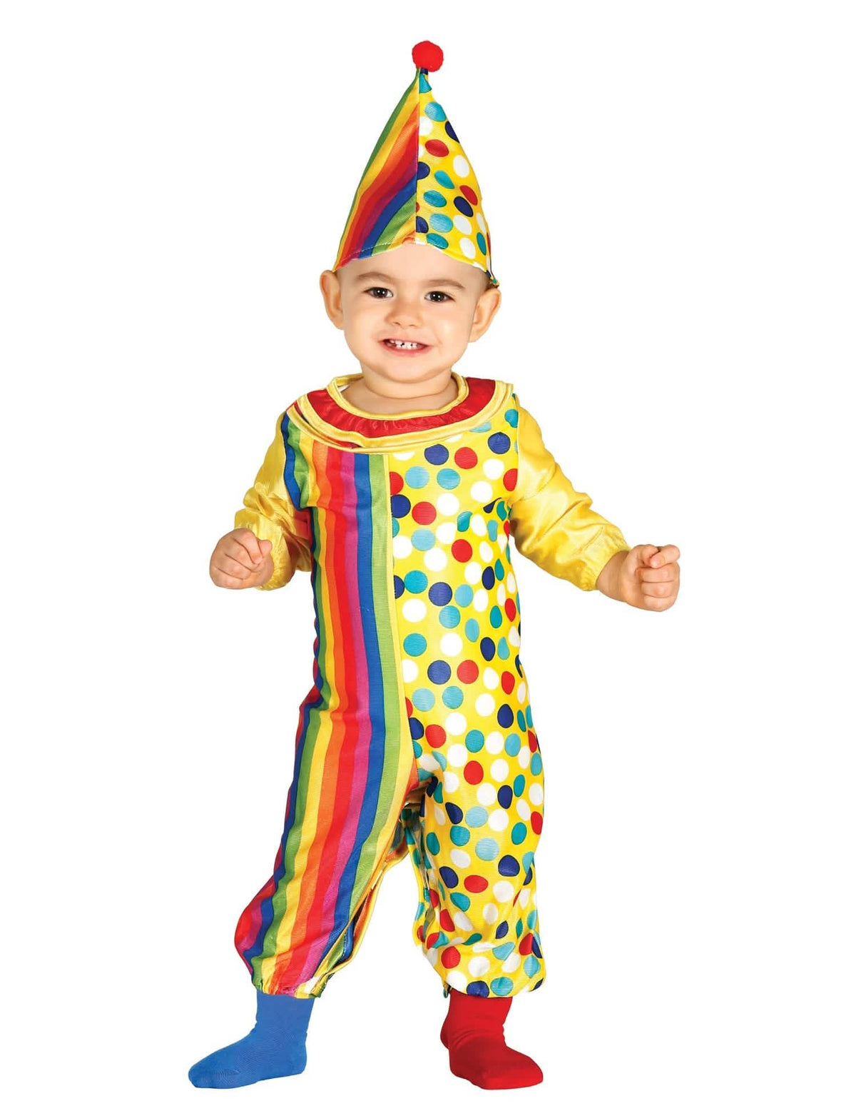 Disfraz mono de payaso para bebé multicolor a rayas y a lunares con sombrero