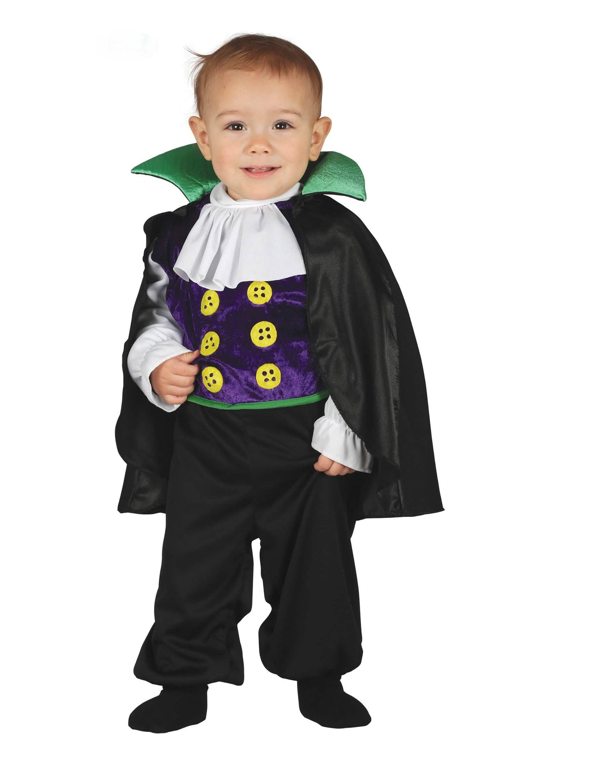 Disfraz mono de pequeño conde vampiro para bebé negro violeta y verde con botones amarillos