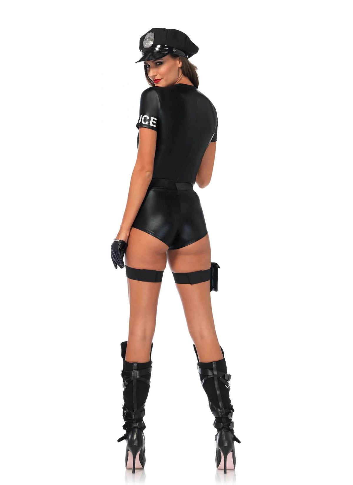 Vista trasera del disfraz combishort de lujo policía sexy