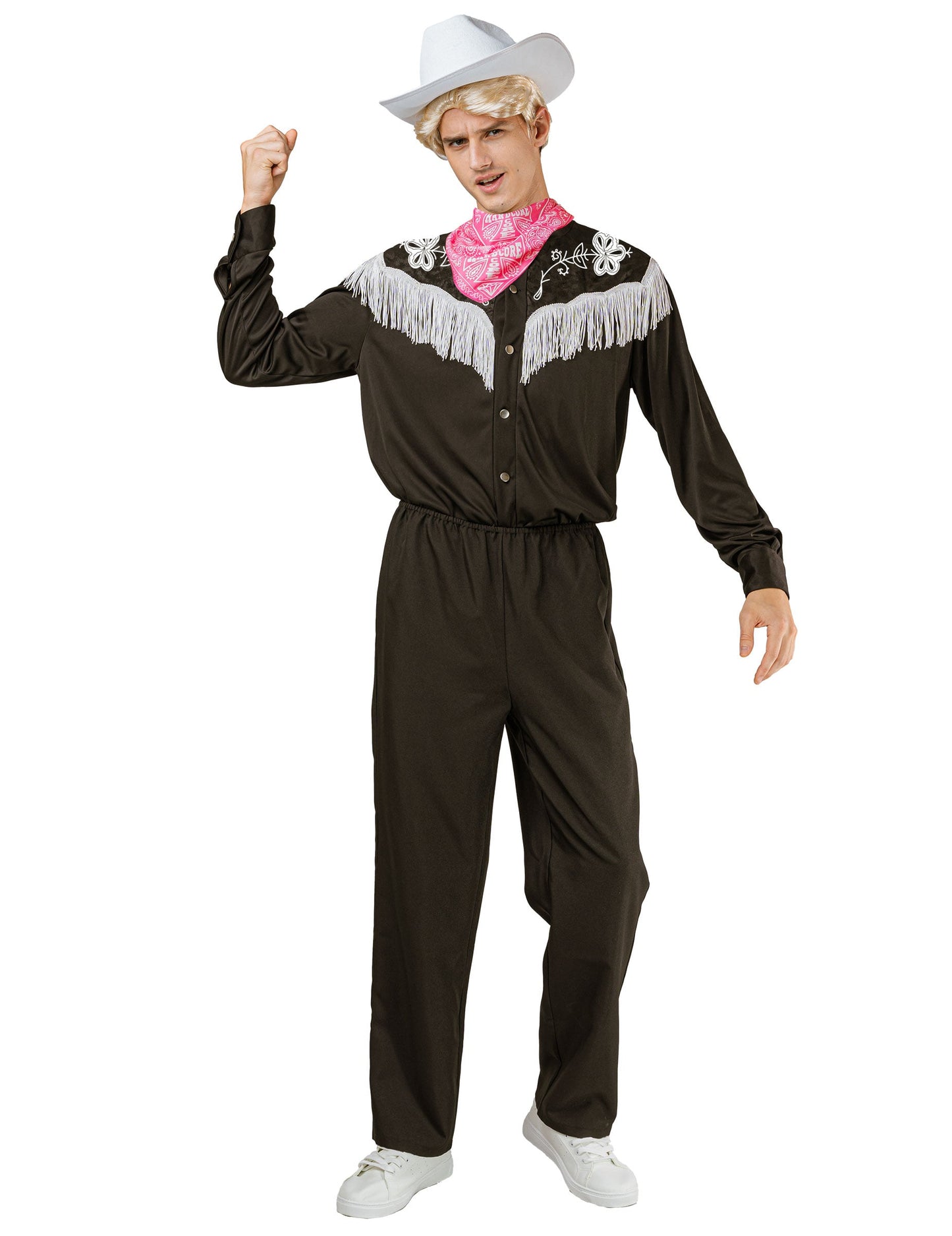 Déguisement complet cowboy pour homme noir et blanc avec chapeau et bandana rose