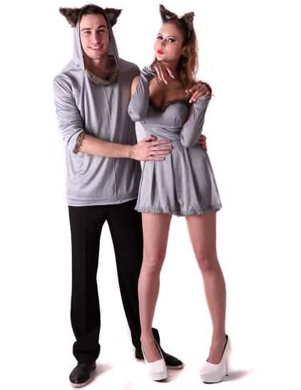 Disfraz de gato para pareja gris con orejas de piel sintética