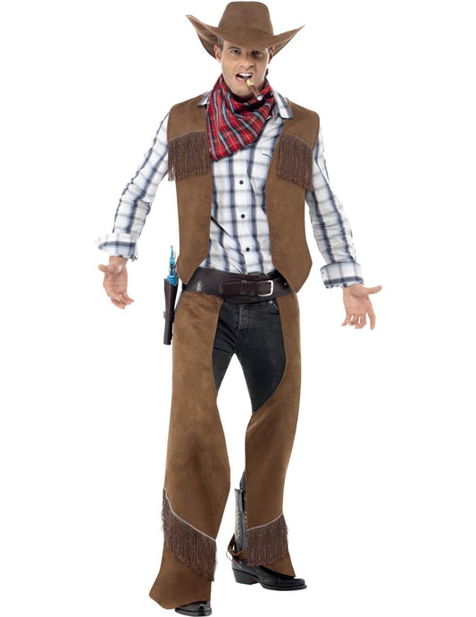 Vue de face du déguisement cowboy à franges pour homme