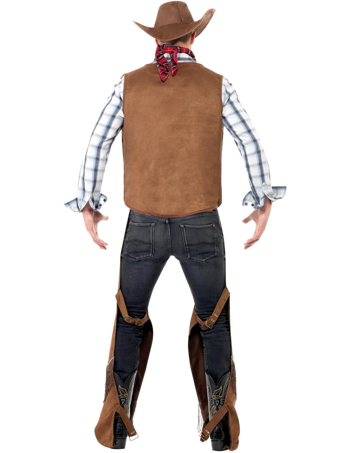Vista trasera del disfraz de vaquero con flecos para hombre