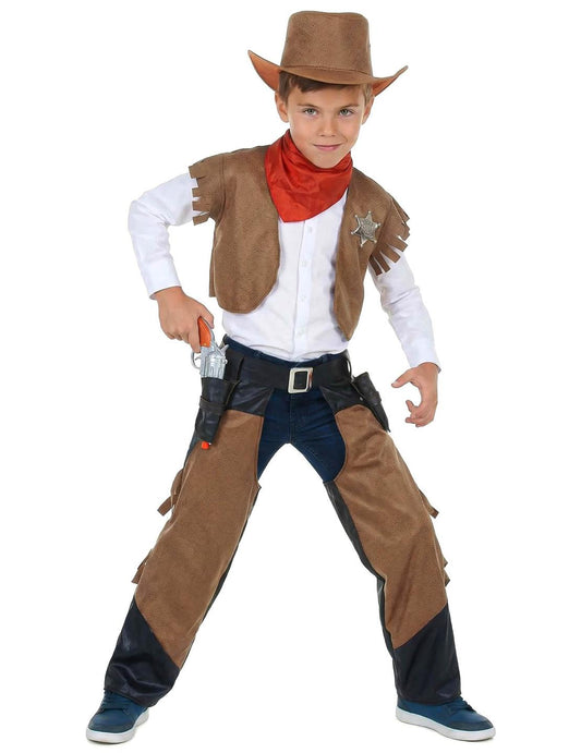 Vista frontal del disfraz de niño de vaquero marrón