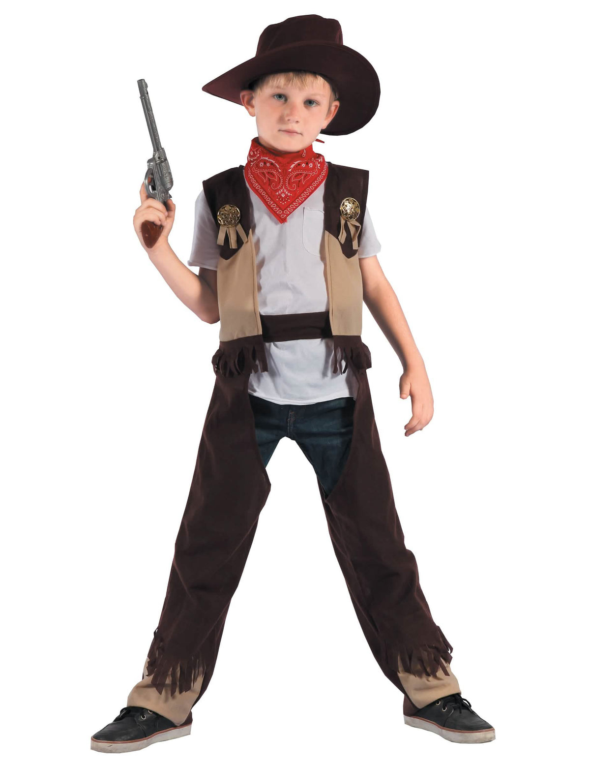 Disfraz de cowboy de rodeo para niño marrón y beige con sombrero y pañuelo rojo