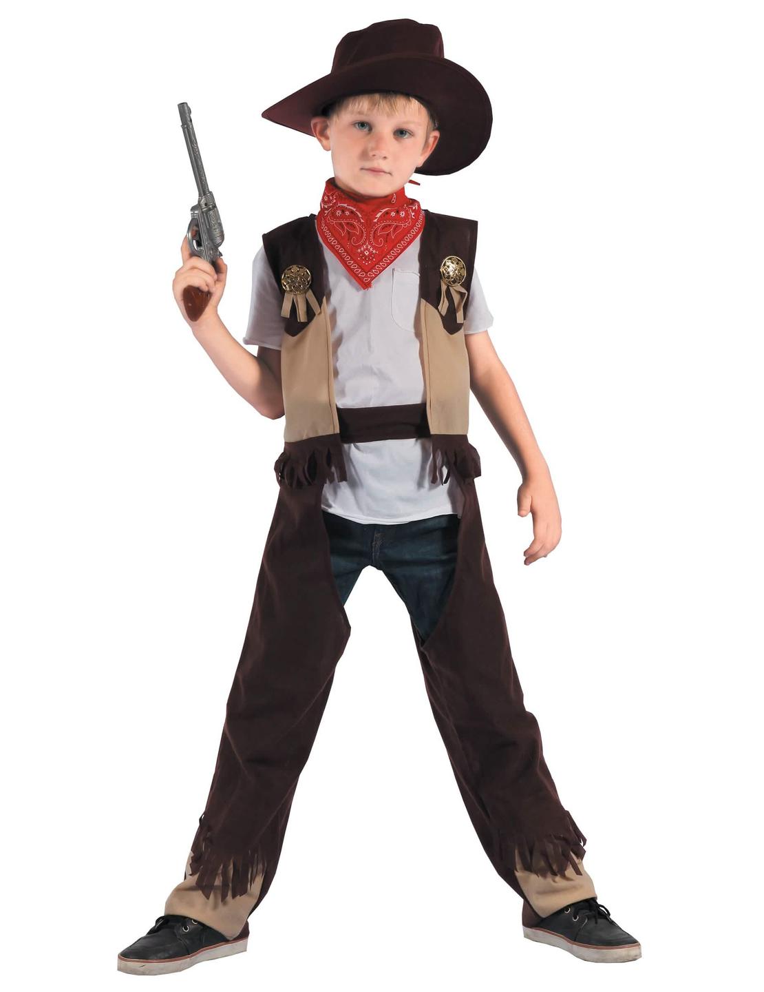 Disfraz de cowboy de rodeo para niño marrón y beige con sombrero y pañuelo rojo