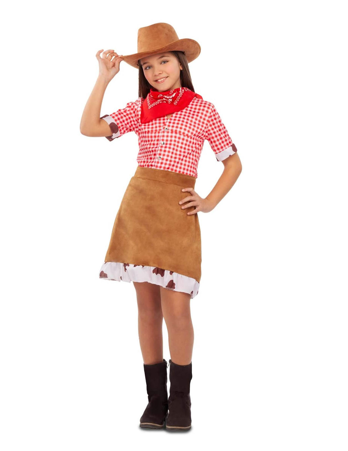 Disfraz de cowgirl del Oeste para niña rojo y marrón con sombrero