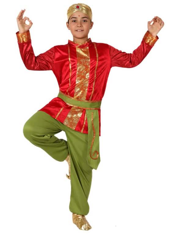 Disfraz de indio para niño rojo y verde con turbante dorado