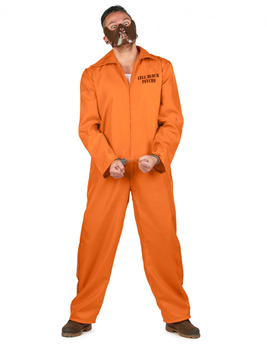Déguisement de prisonnier cannibale pour homme orange avec masque et menottes