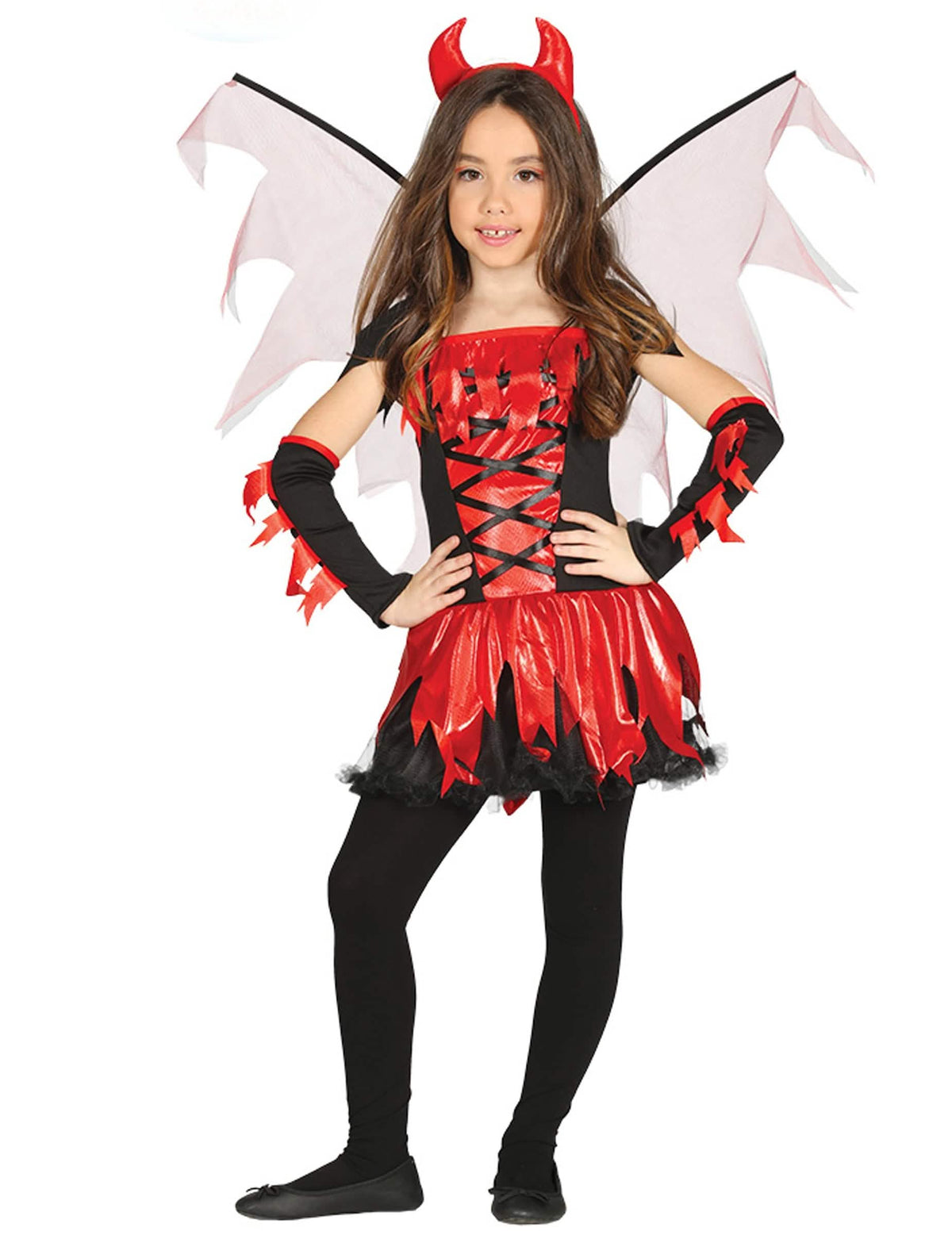 Disfraz de diabla con alas para niña rojo y negro