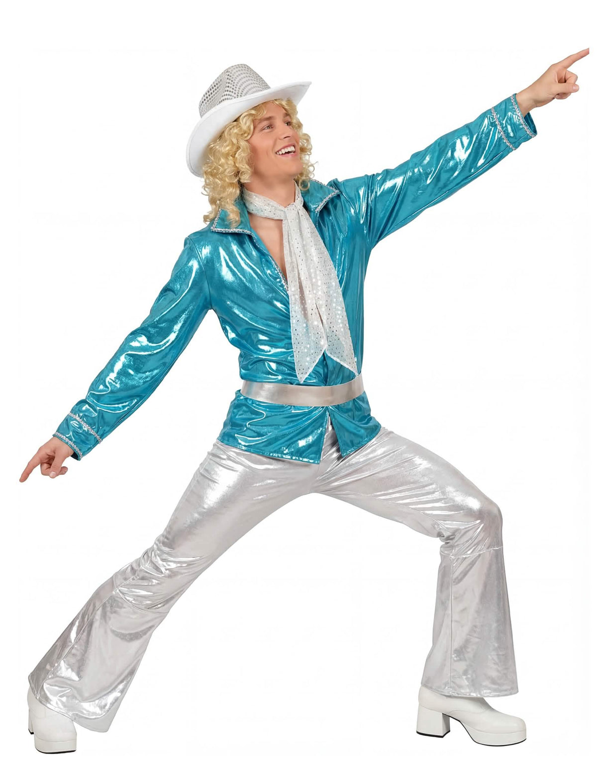 Déguisement disco pour homme bleu et argenté avec pantalon brillant