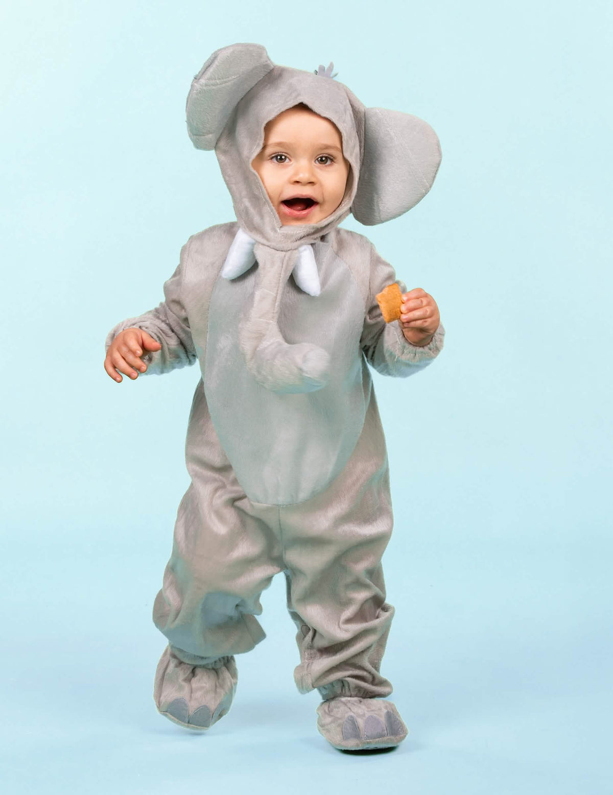 Vista frontal del disfraz de elefante de peluche para bebé gris