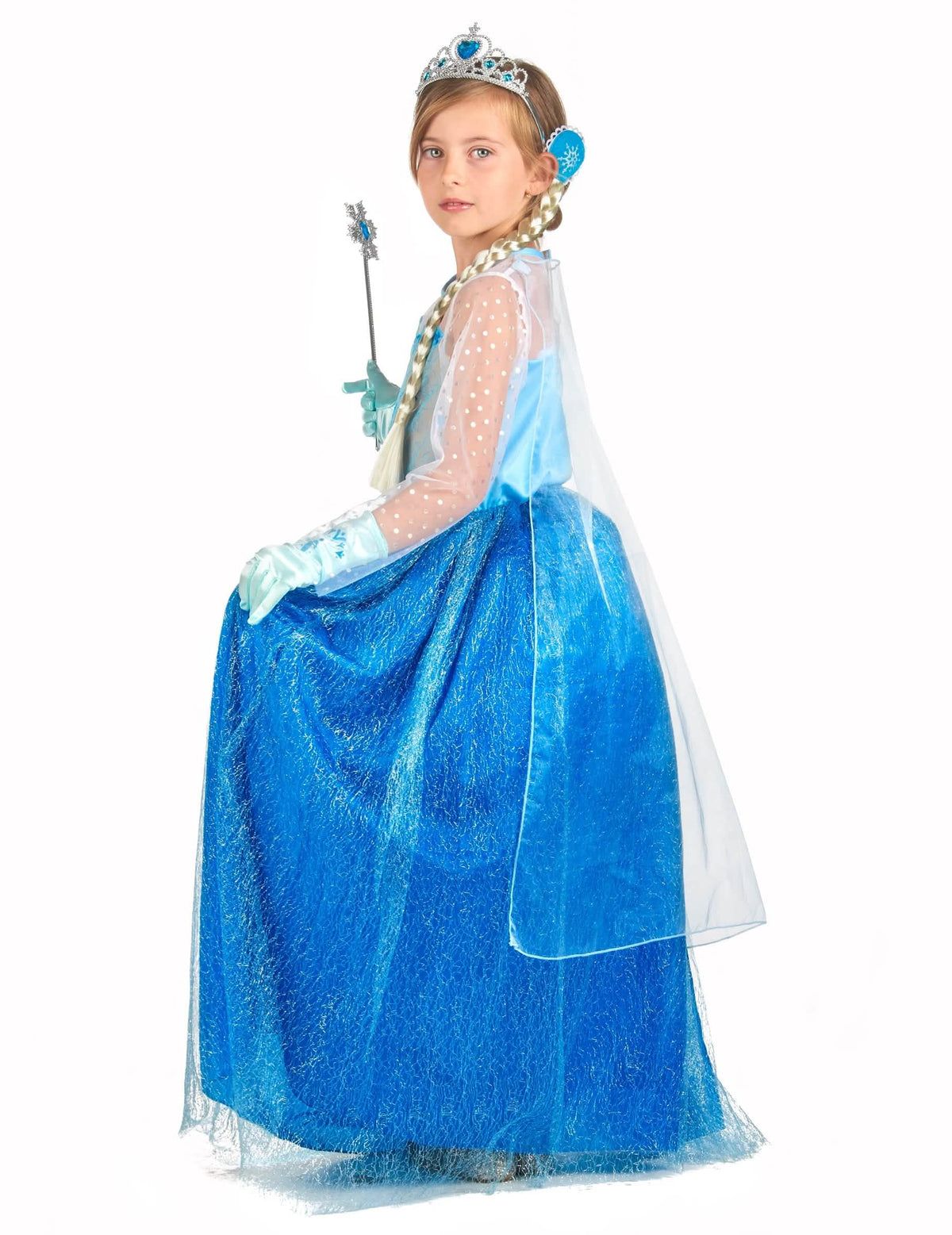 Vista de perfil del disfraz y accesorios de princesa de hielo