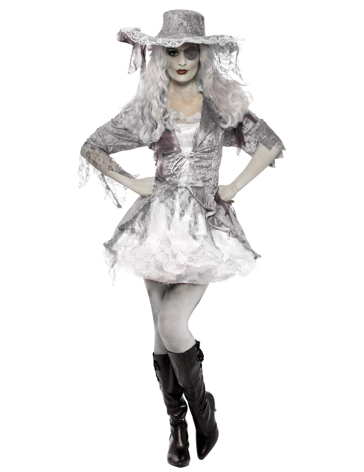 Vue de face du déguisement de pirate fantôme pour femme