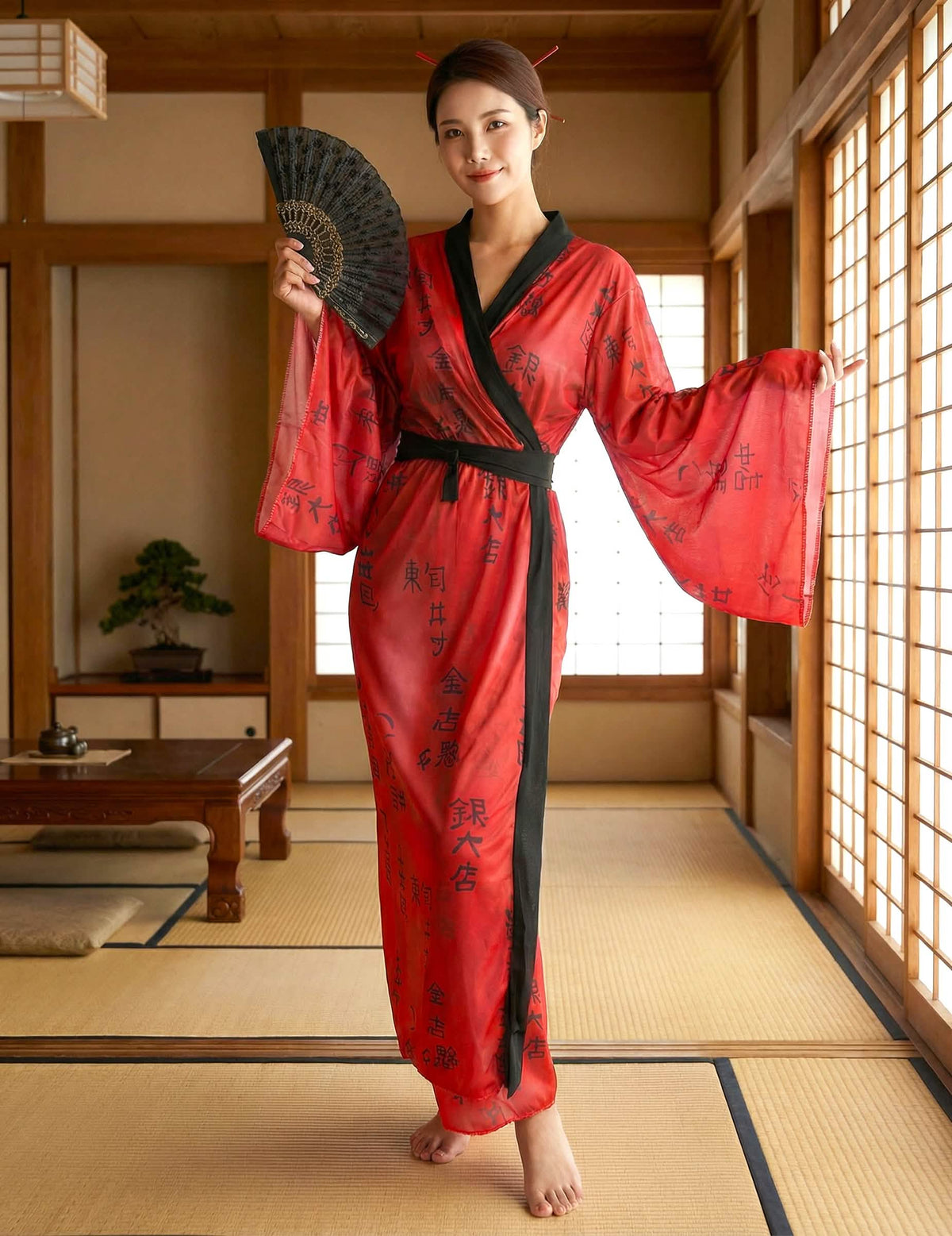 Vista frontal de pie del disfraz de kimono geisha