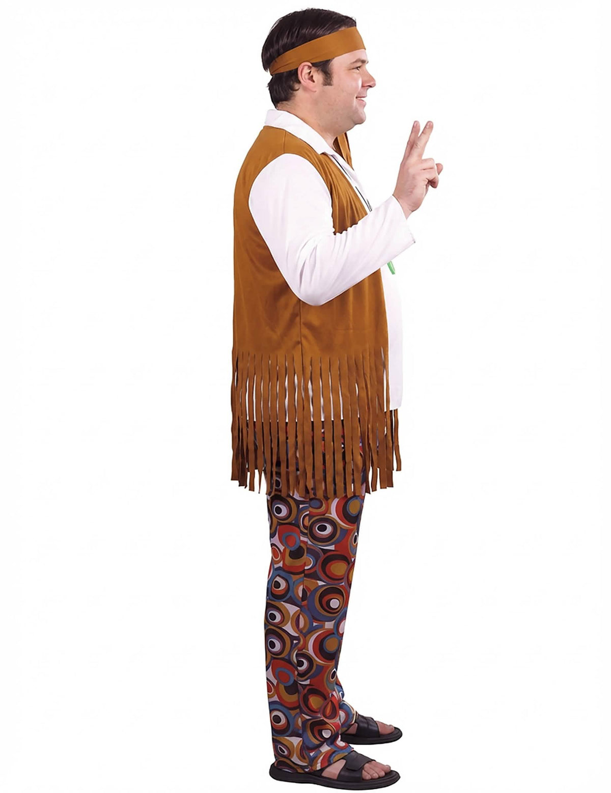 Vista de perfil del disfraz de hippie para hombre marrón y blanco