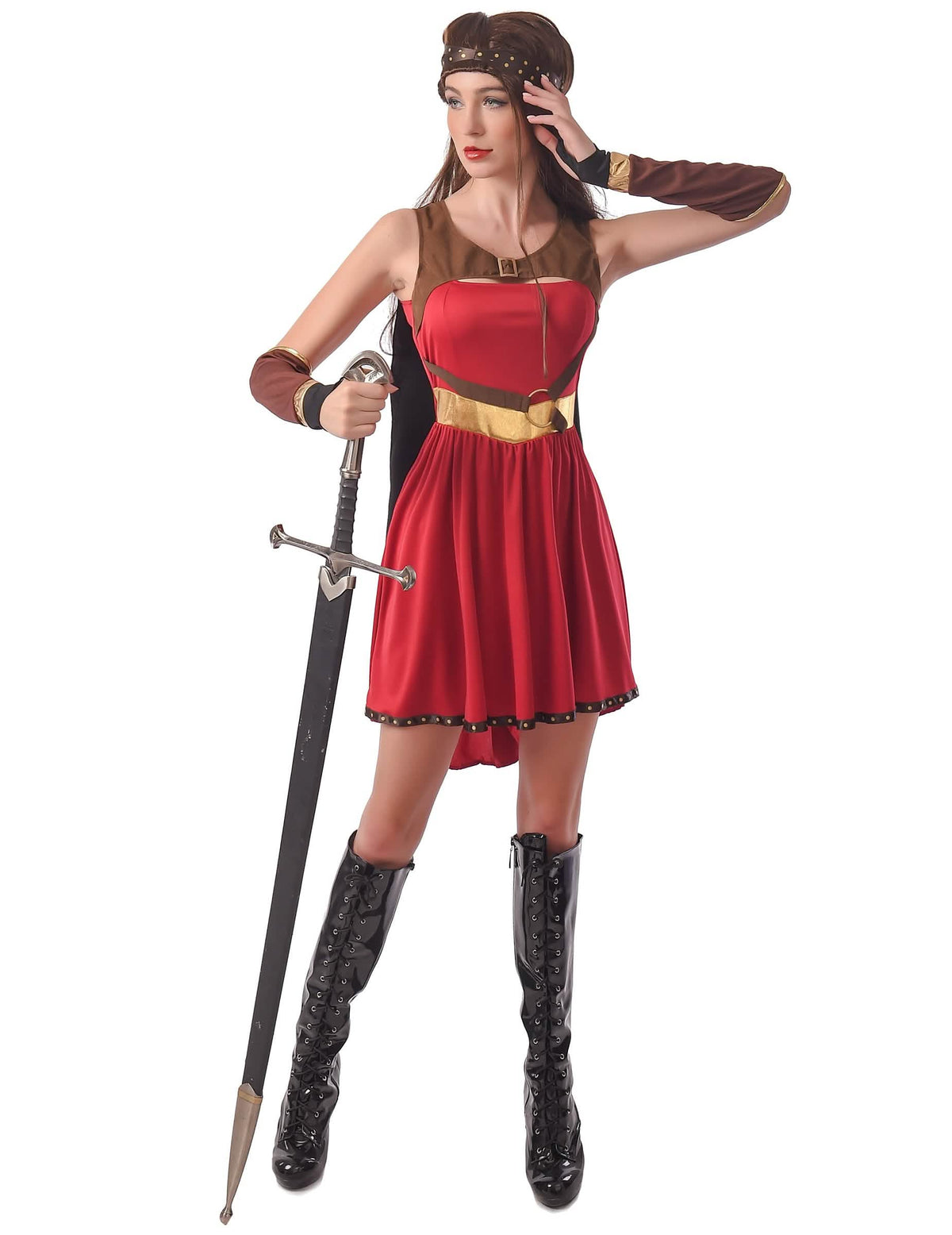 Disfraz de guerrera medieval para mujer rojo y marrón con banda para la cabeza