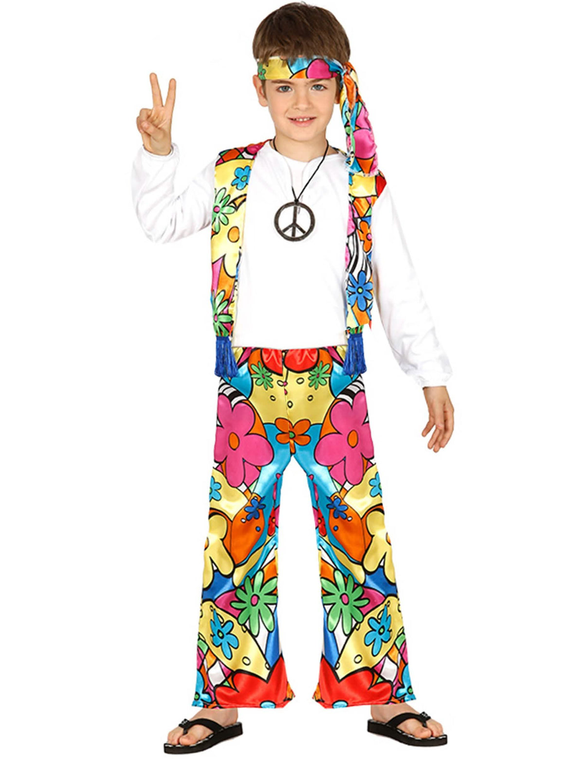 Disfraz hippie con grandes flores para niño multicolor con chaleco y cinta para la cabeza