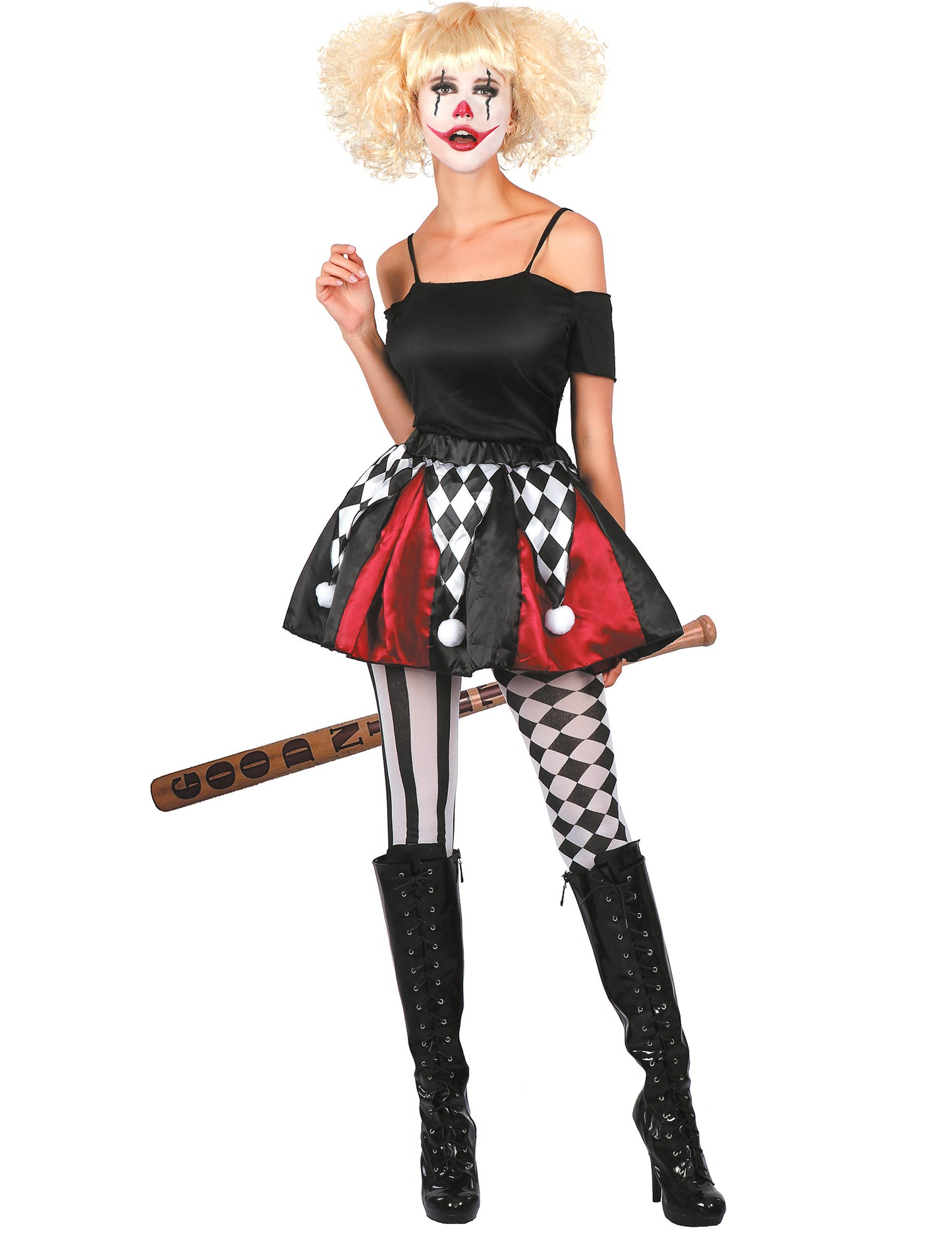 Déguisement jupe arlequin pour femme noir rouge et blanc à carreaux et rayures