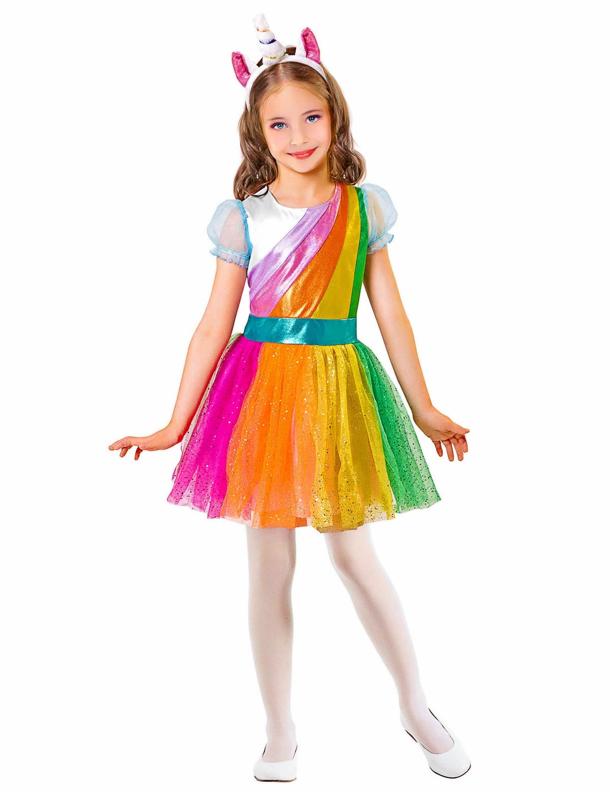 Disfraz de unicornio arcoíris para niña multicolor con diadema