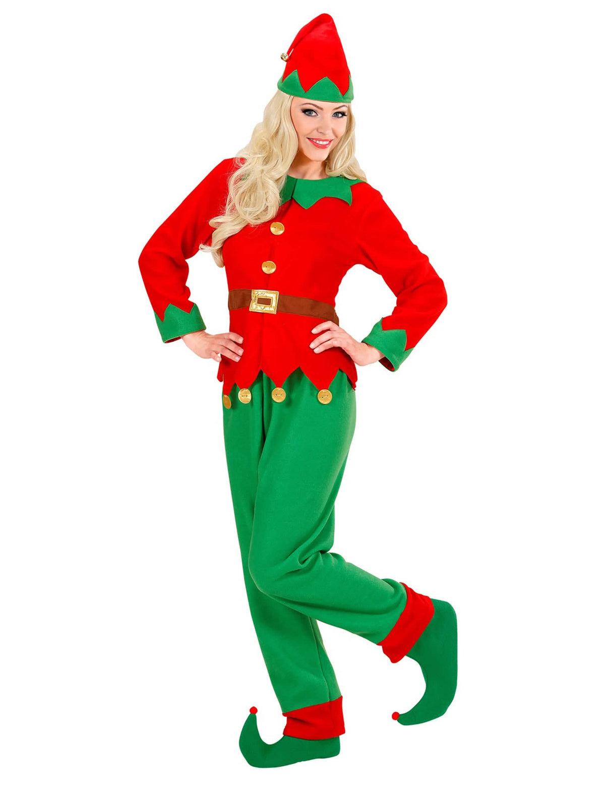 Vista frontal del disfraz de duende de papá noel para mujer