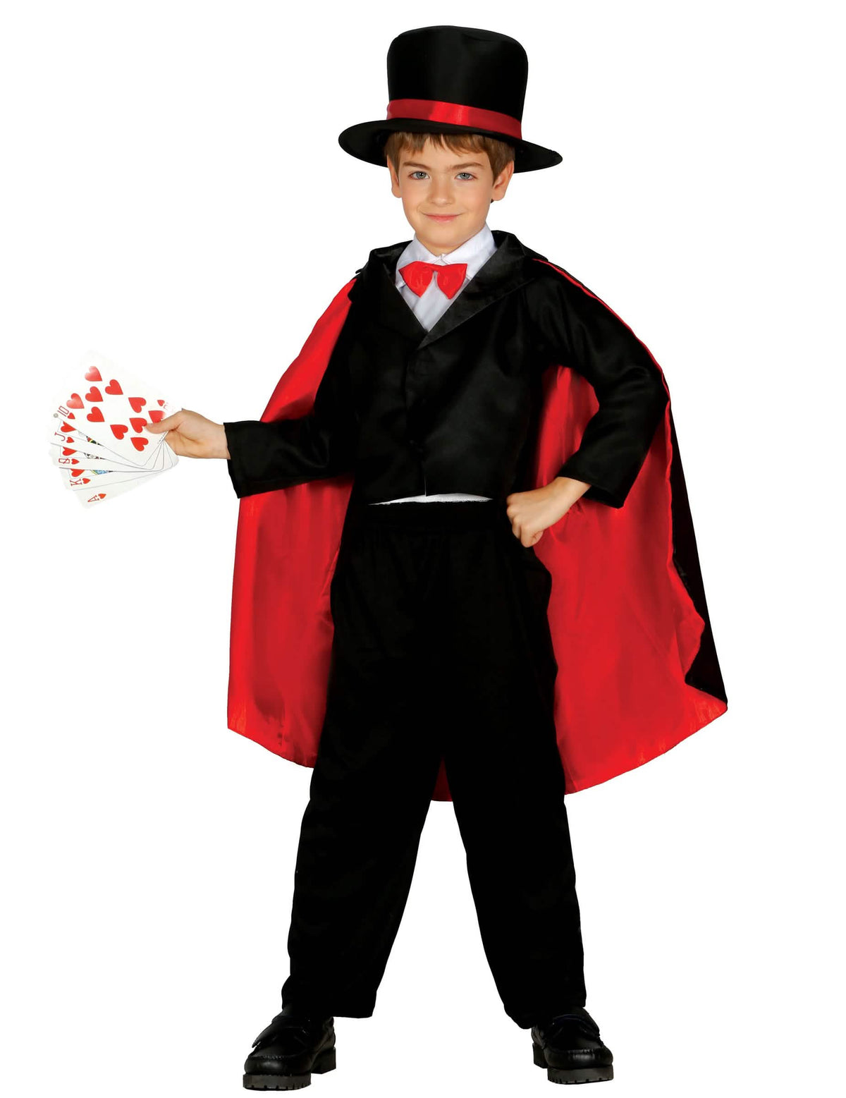 Disfraz de magos para niño negro y rojo con efecto satén y sombrero de copa