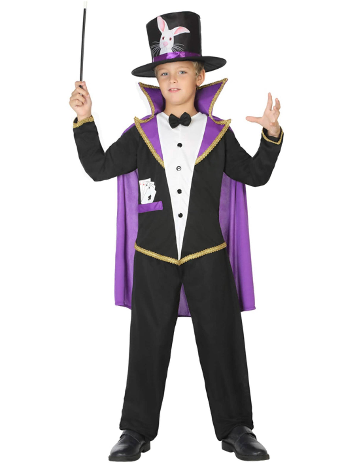 Disfraz de maestro mago para niño negro y violeta con sombrero de copa