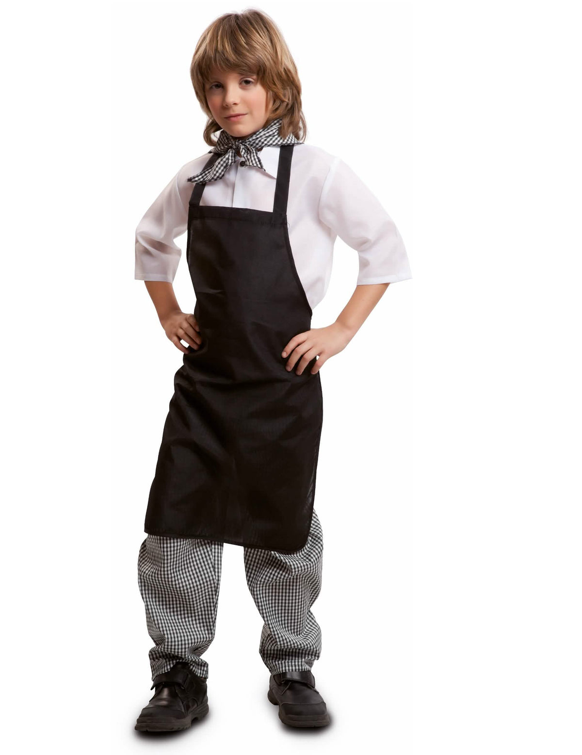 Disfraz de vendedor de castañas para niño blanco y negro con delantal y pantalón a cuadros