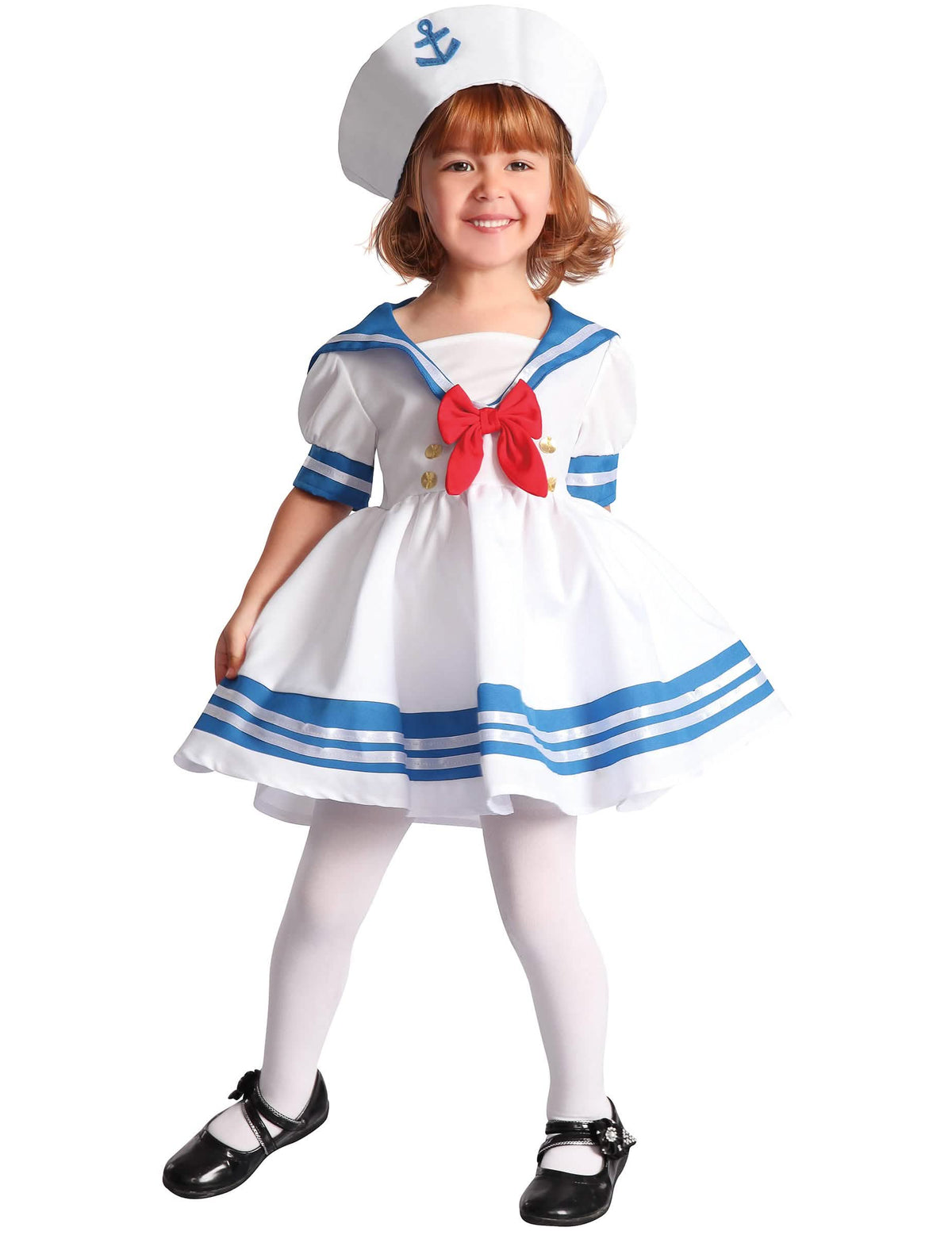 Disfraz de marin para niña blanco y azul con lazo rojo y sombrero