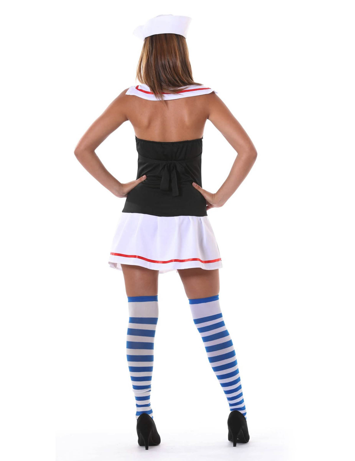 Vista trasera del disfraz de marin sexy para mujer negro y rojo