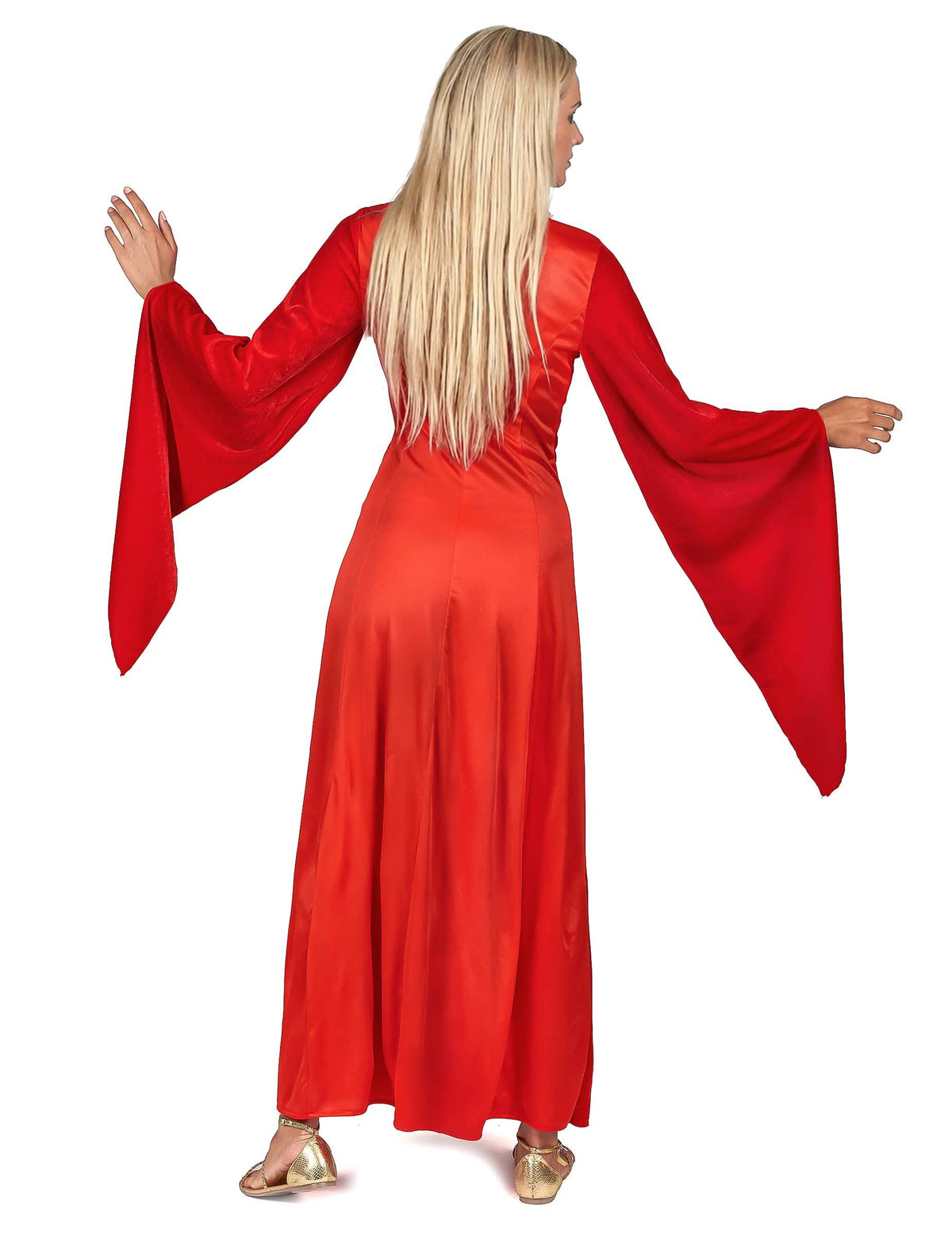 Vista trasera del disfraz medieval para mujer rojo efecto terciopelo