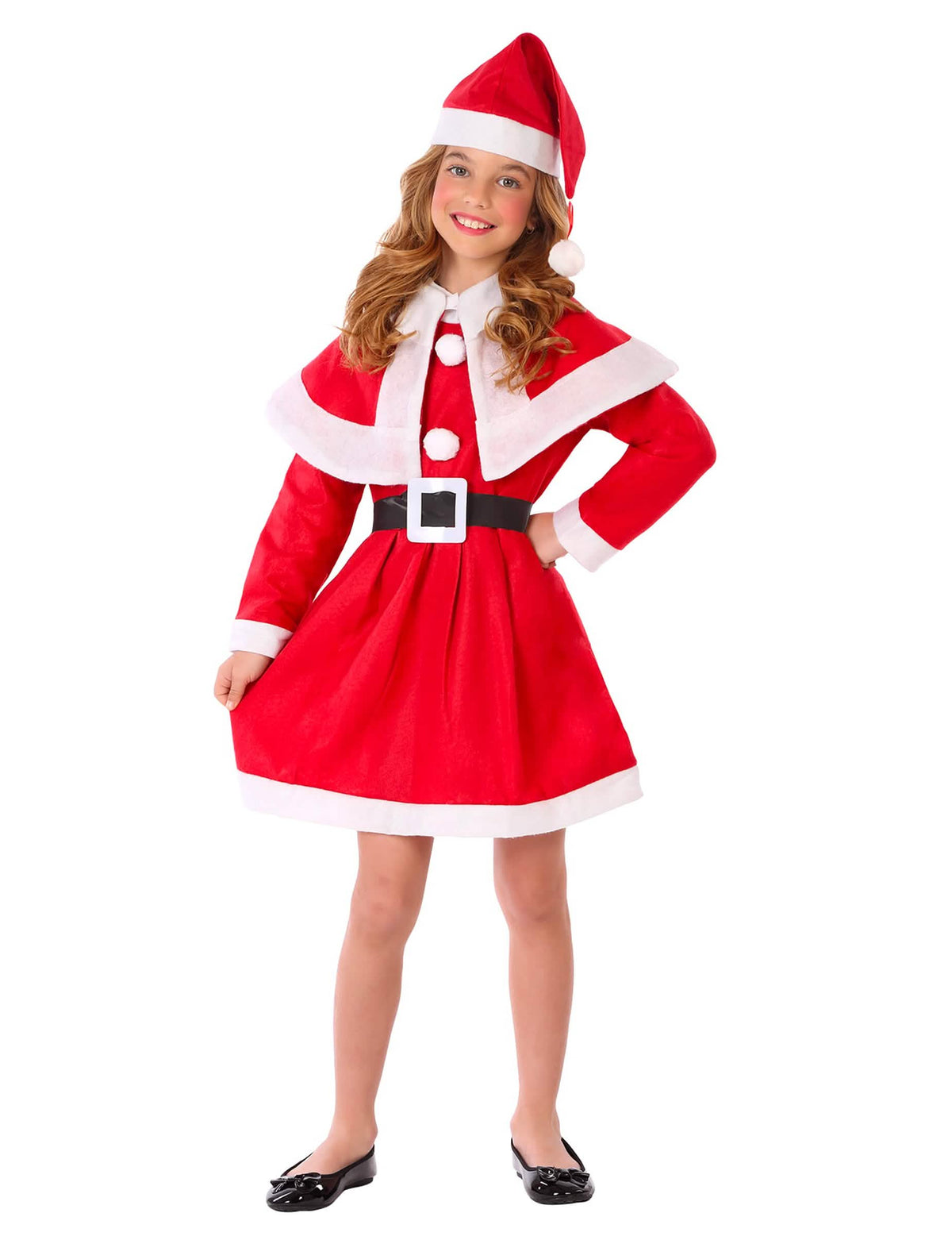 Disfraz clásico de madre navidad para niña rojo y blanco con capa y gorro