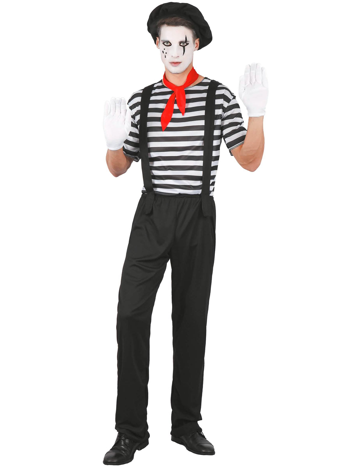 Disfraz de mimo para hombre a rayas blanco y negro con tirantes y pañuelo rojo