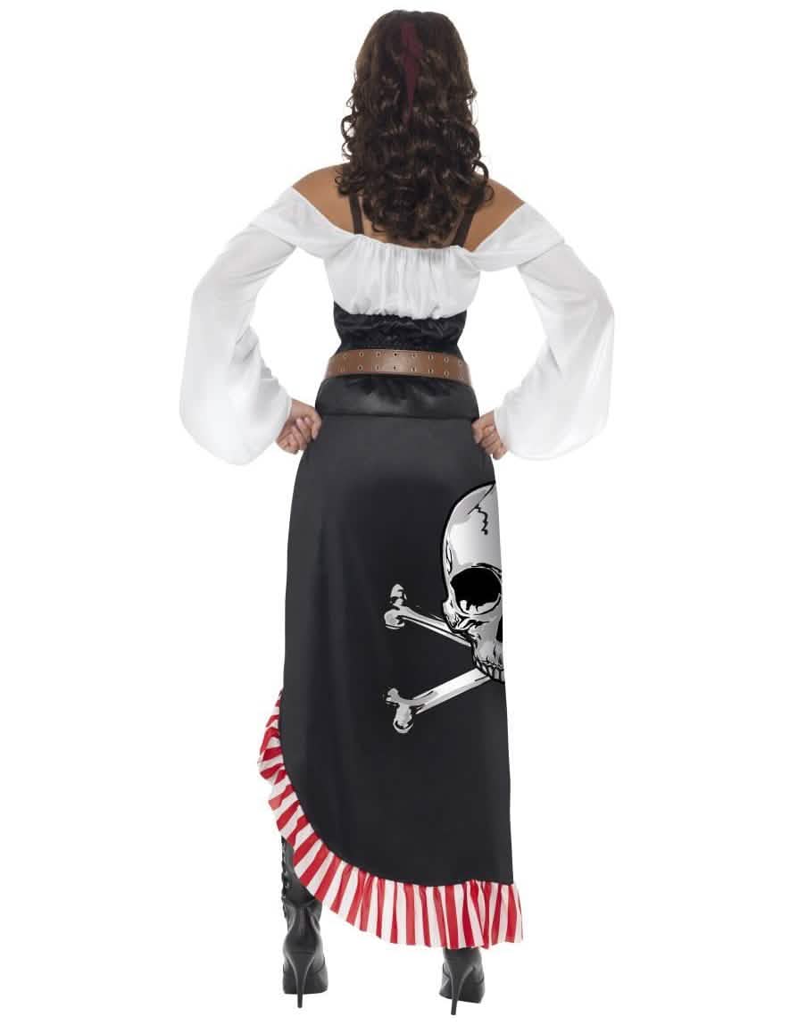 Vista de espaldas del disfraz miss sexy de calavera pirata para mujer