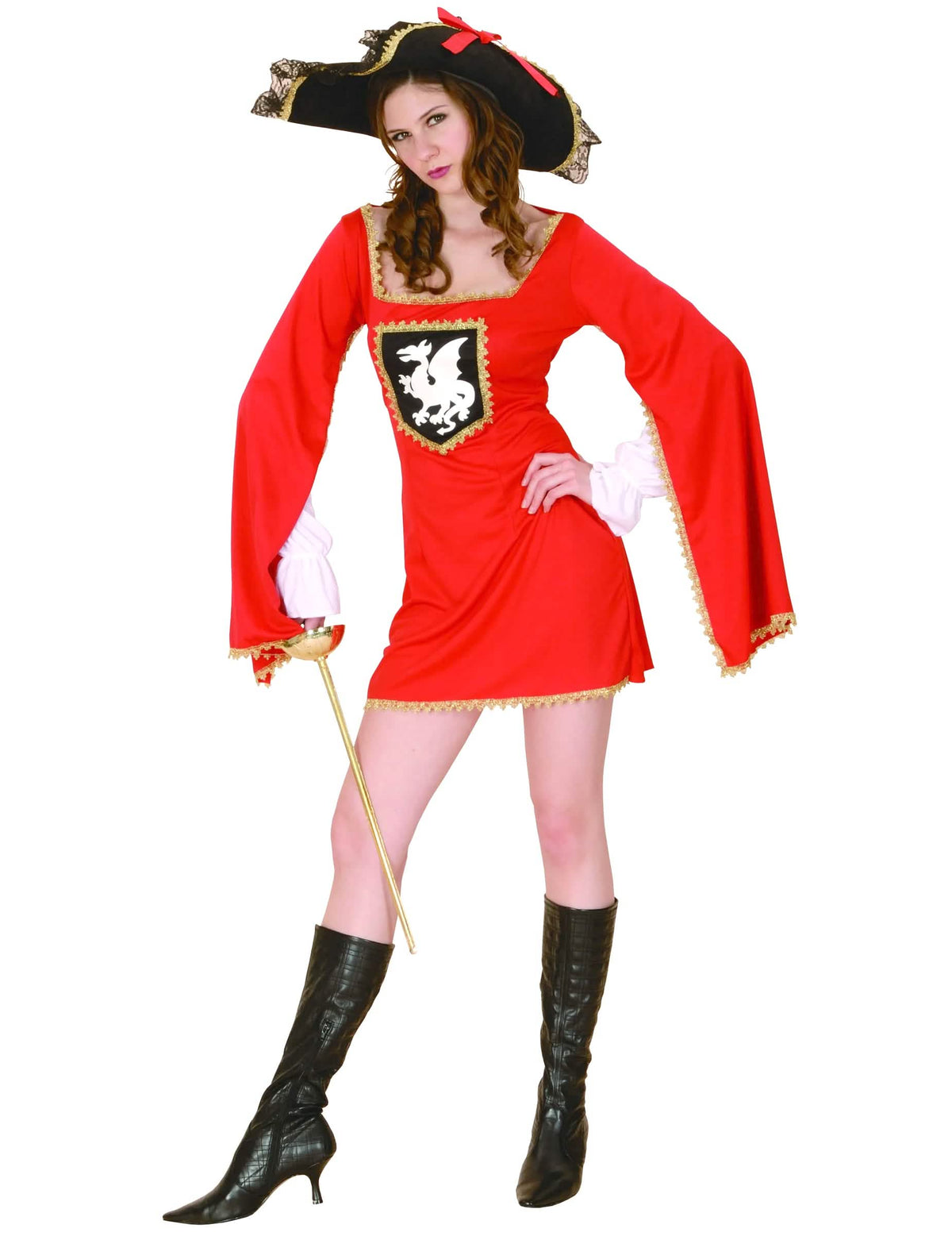 Disfraz de mosquetera para mujer rojo con sombrero y blasón
