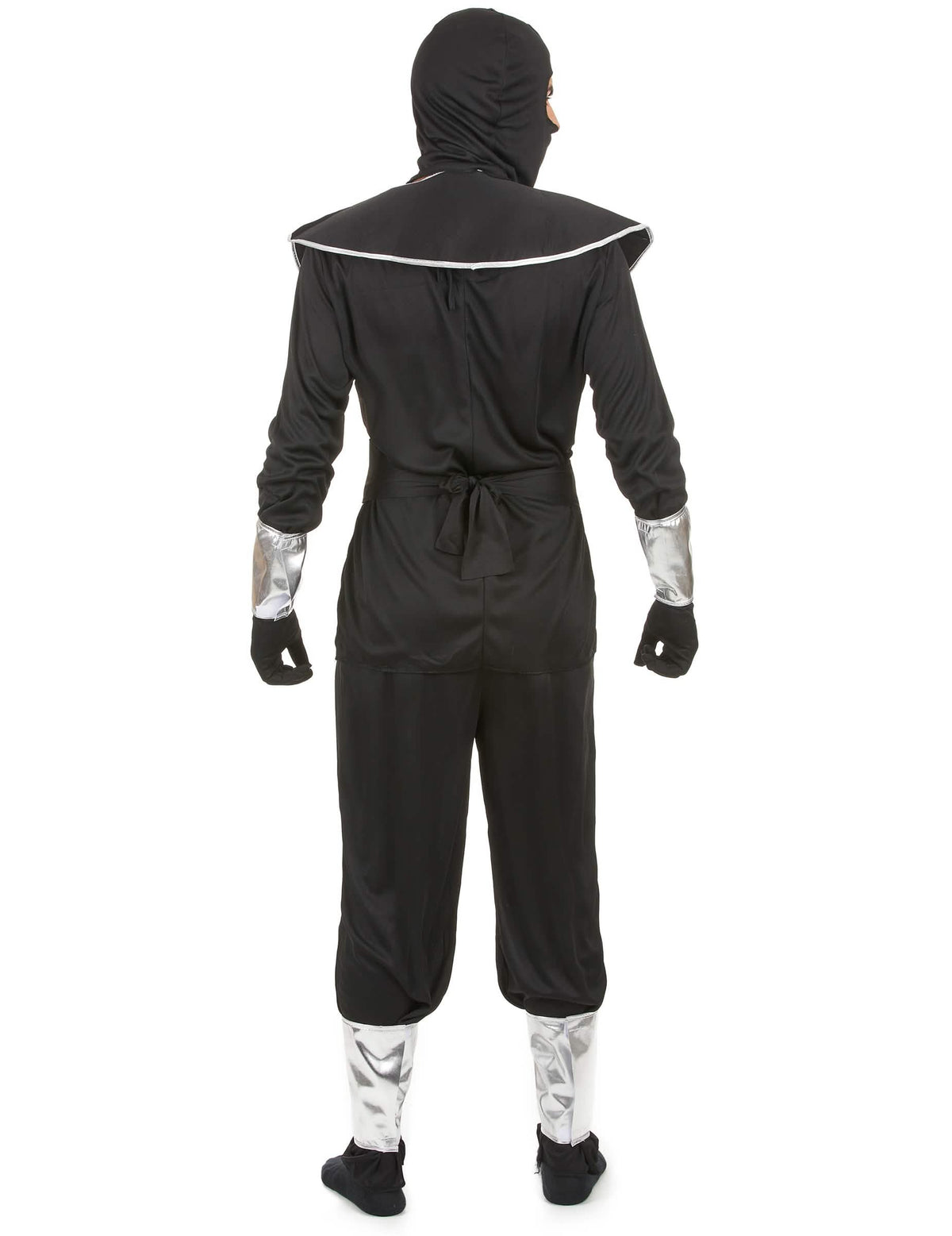 Vista trasera del disfraz de ninja para hombre negro y plateado