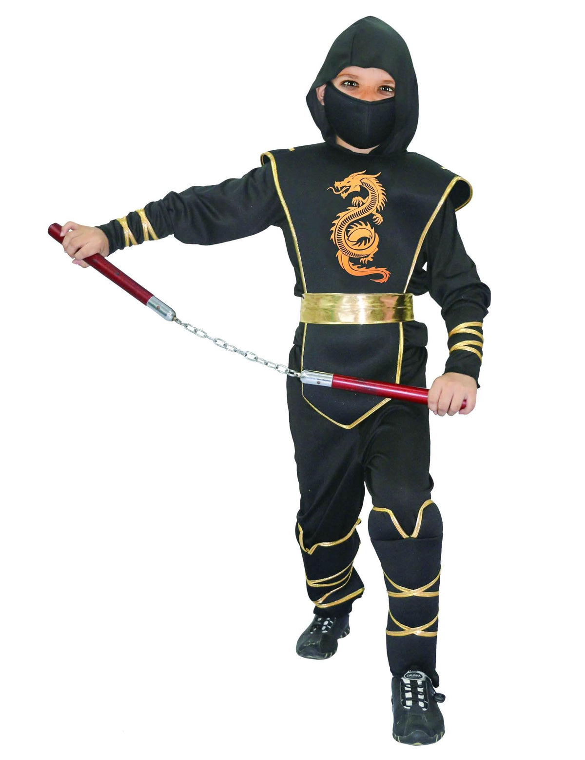 Disfraz de ninja para niño negro y dorado con motivo de dragón