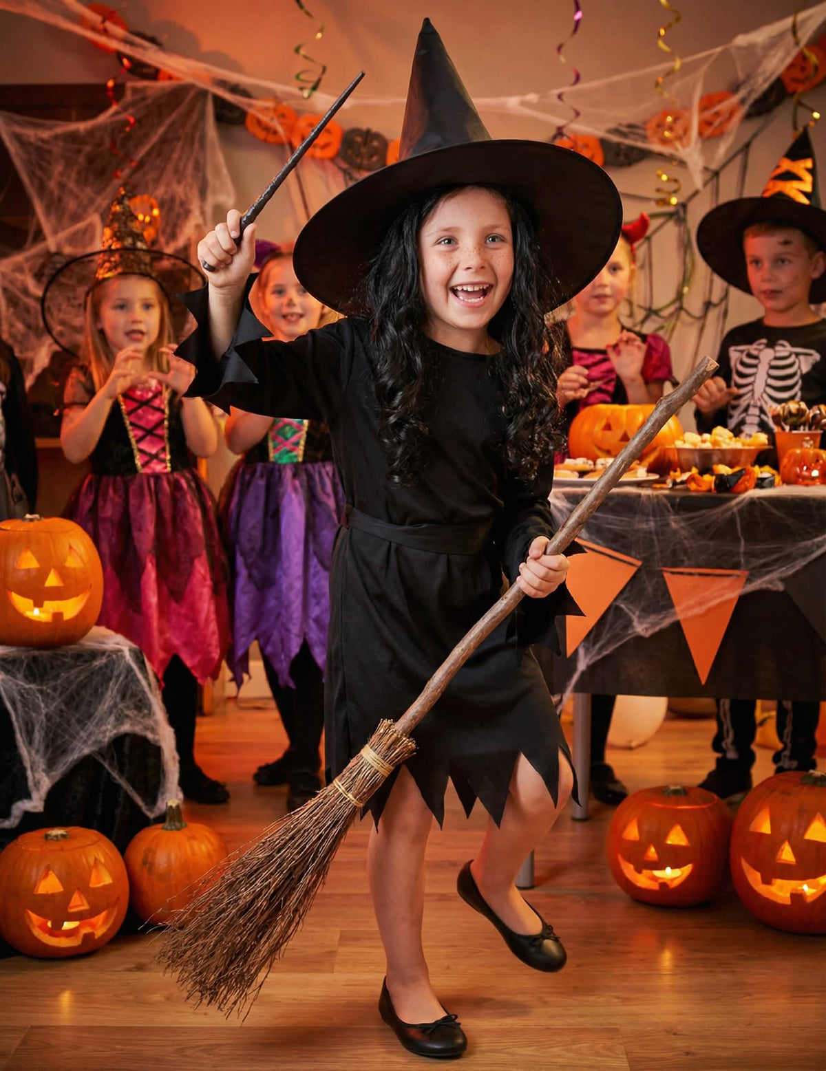 Escena festiva en una decoración de halloween del disfraz de bruja halloween para niña