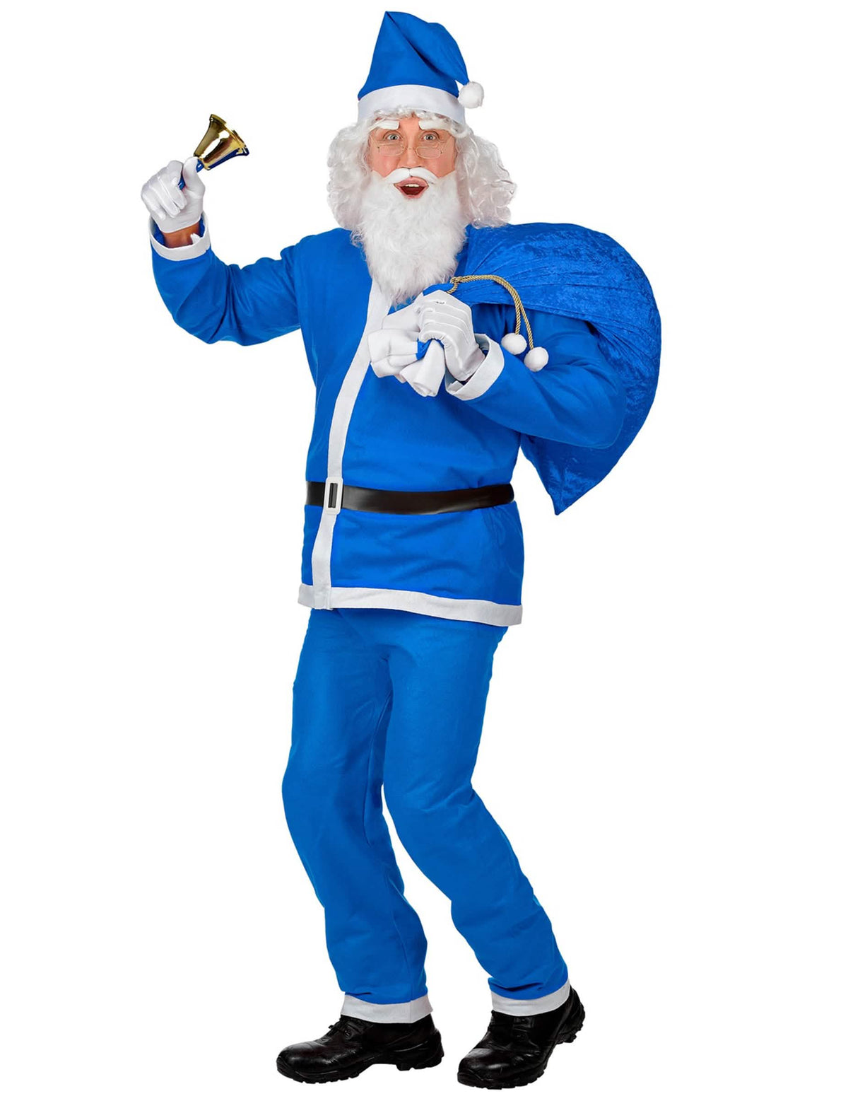 Vista frontal del disfraz de papá noel azul para hombre