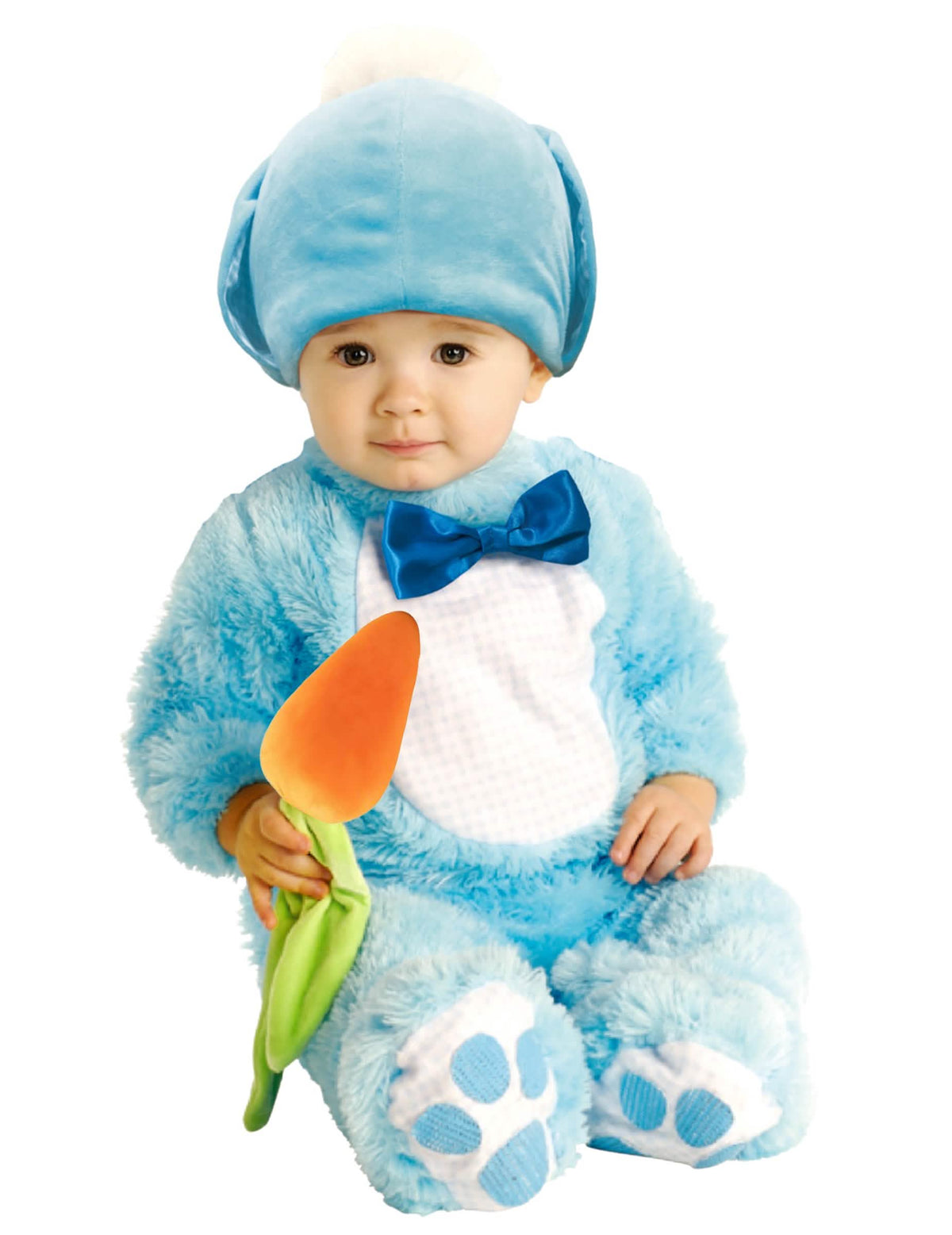 Disfraz de conejito para bebé azul con pajarita y zanahoria
