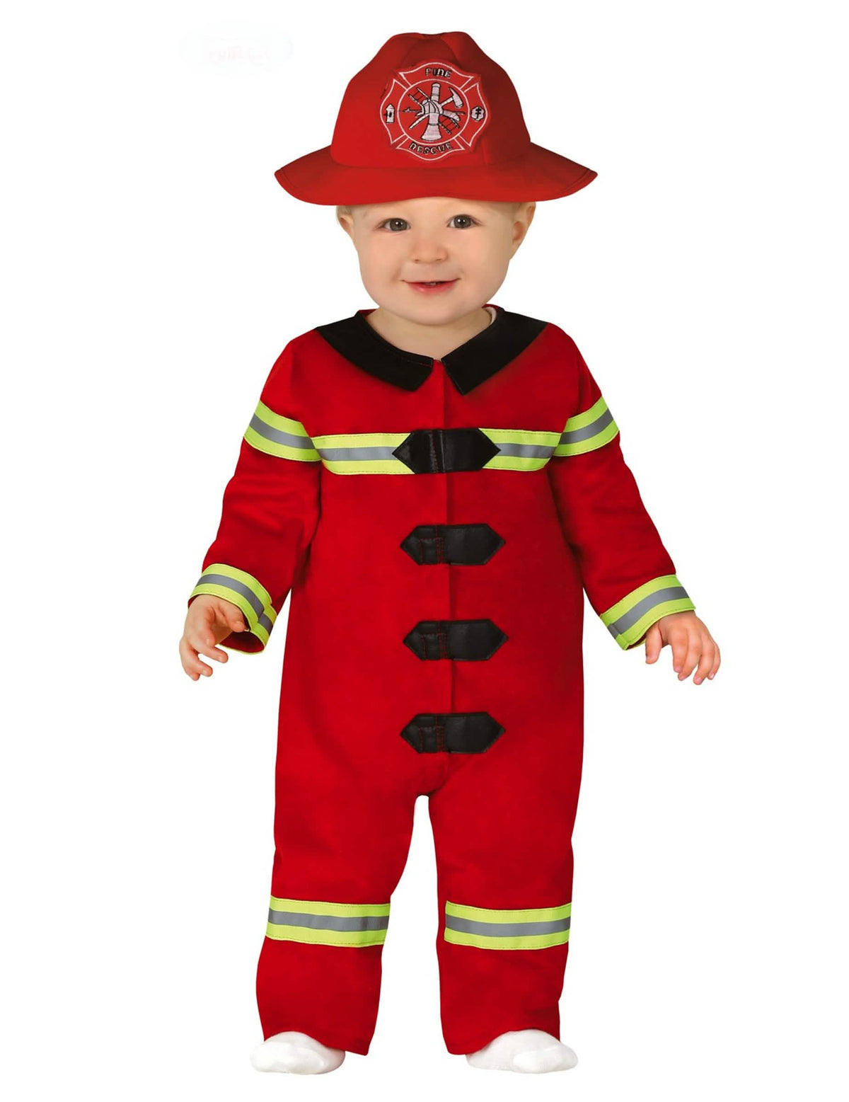 Disfraz de pequeño bombero para bebé rojo con bandas reflectantes y sombrero
