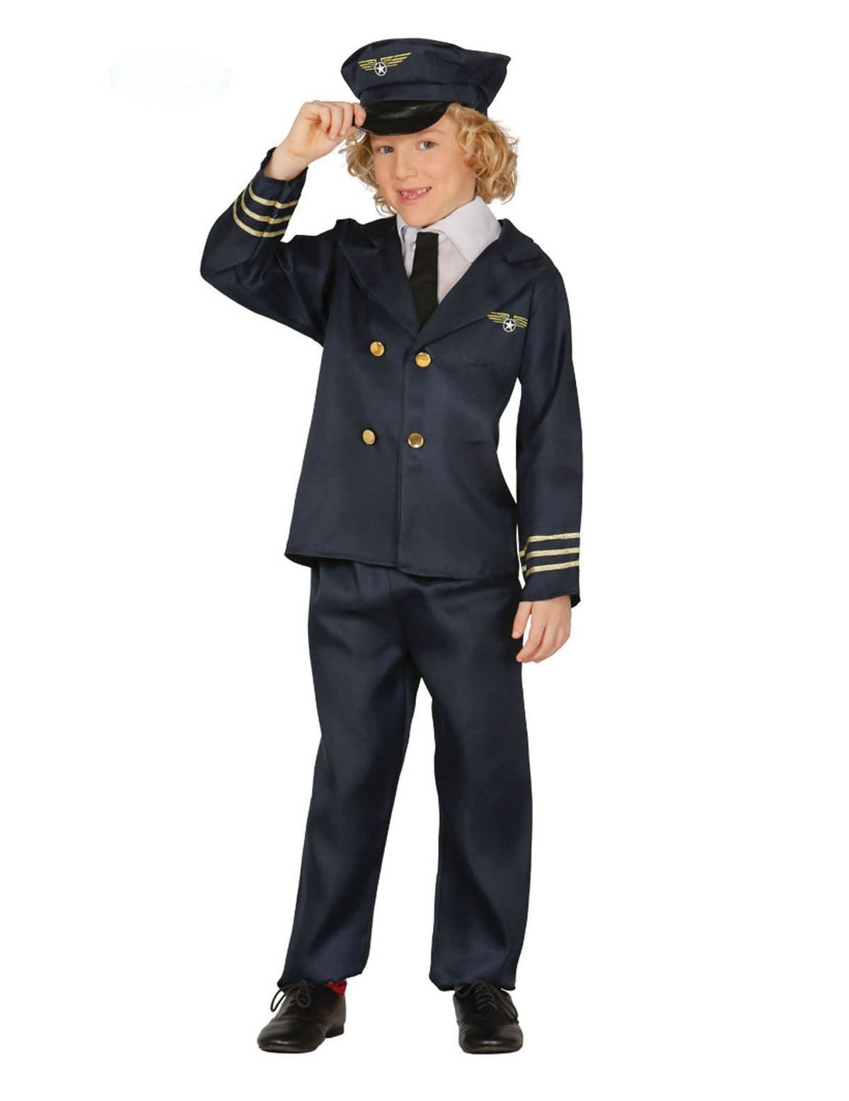 Disfraz de piloto de avión para niño azul marino con galones dorados y gorra