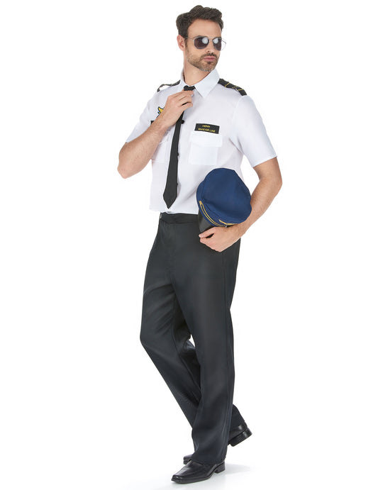 Vue de trois-quarts du déguisement pilote d'avion de ligne pour homme