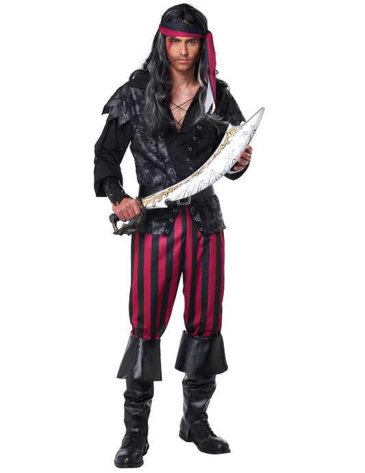 Sabre de pirate tenu par le modèle du déguisement pirate à rayures
