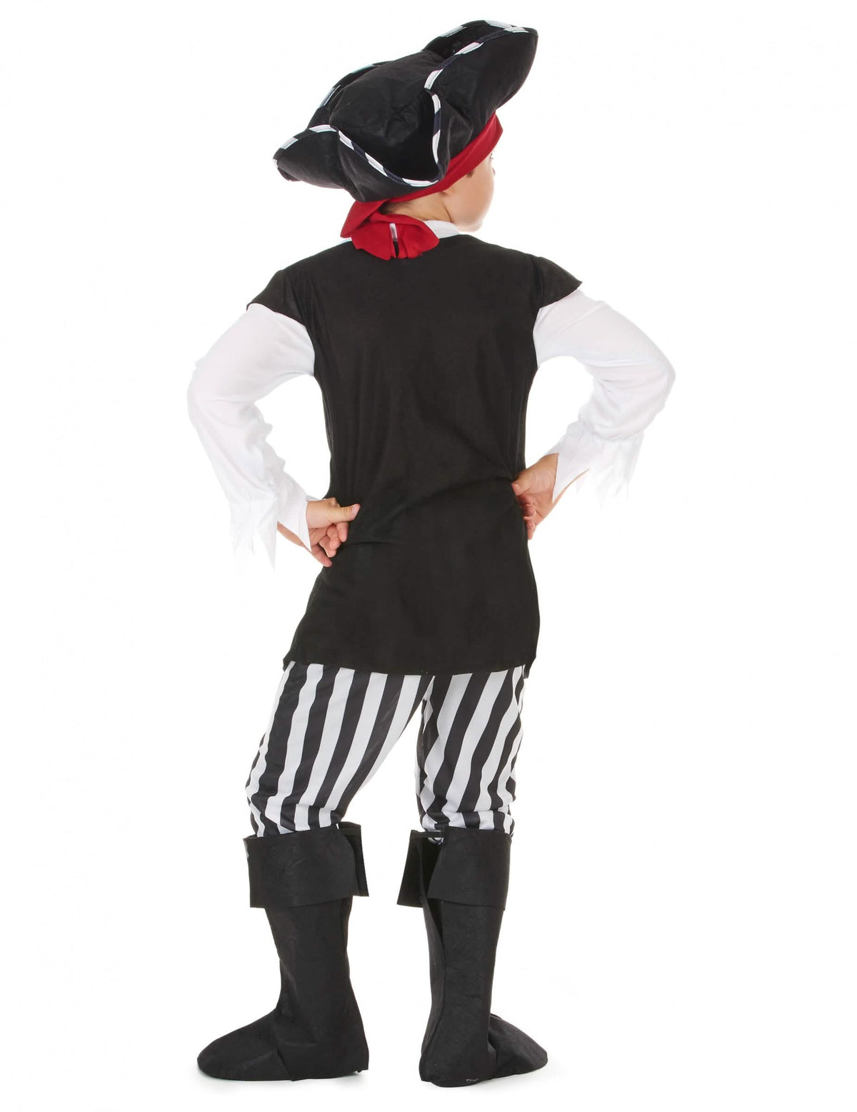 Vista trasera del disfraz de pirata para niño con rayas negras y blancas