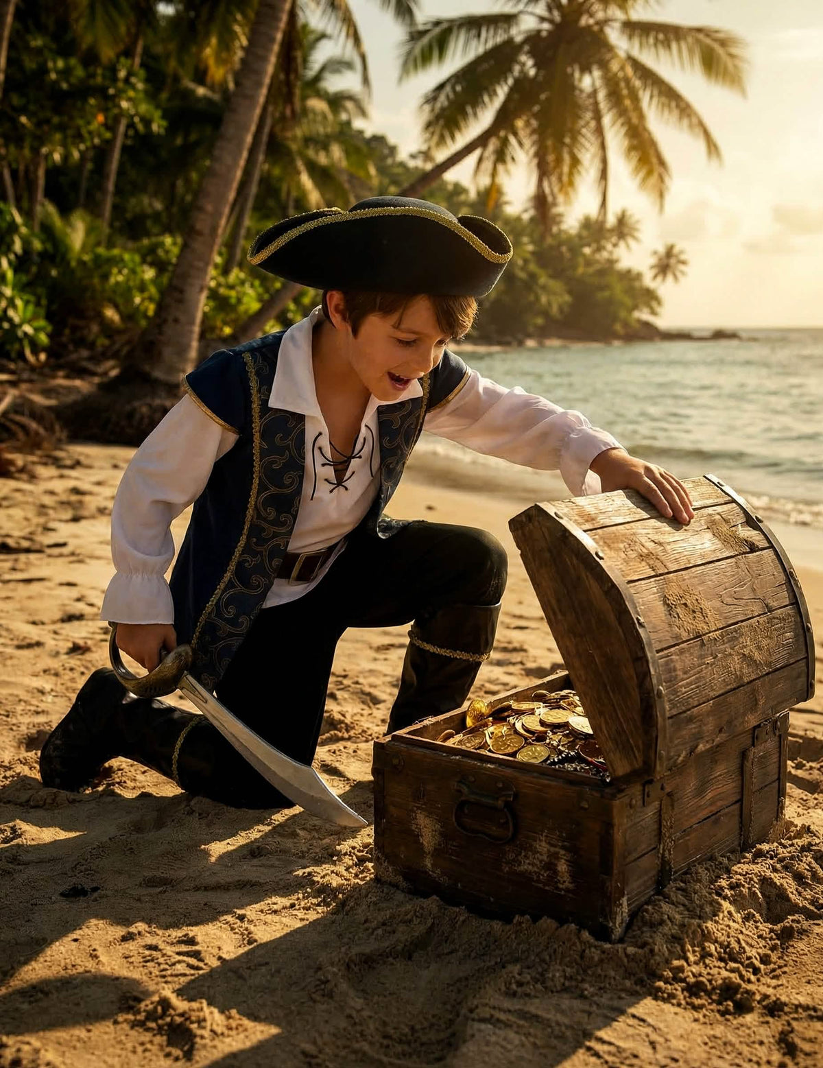 Puesta en escena con cofre del tesoro del disfraz de pirata para niño
