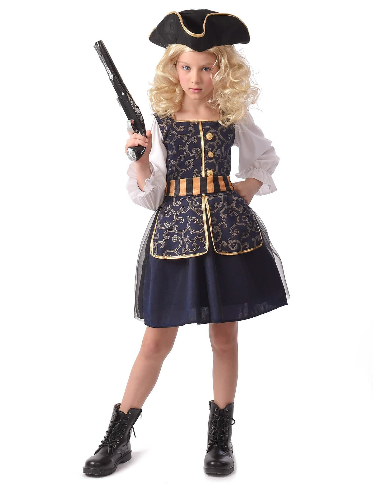 Disfraz pirata chic para niña azul y dorado con tricorne