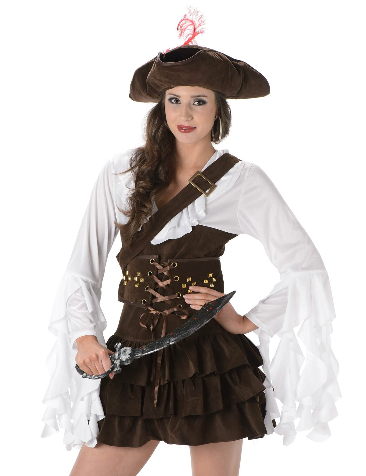 Primer plano del busto y del sombrero del disfraz de pirata efecto piel de gamuza