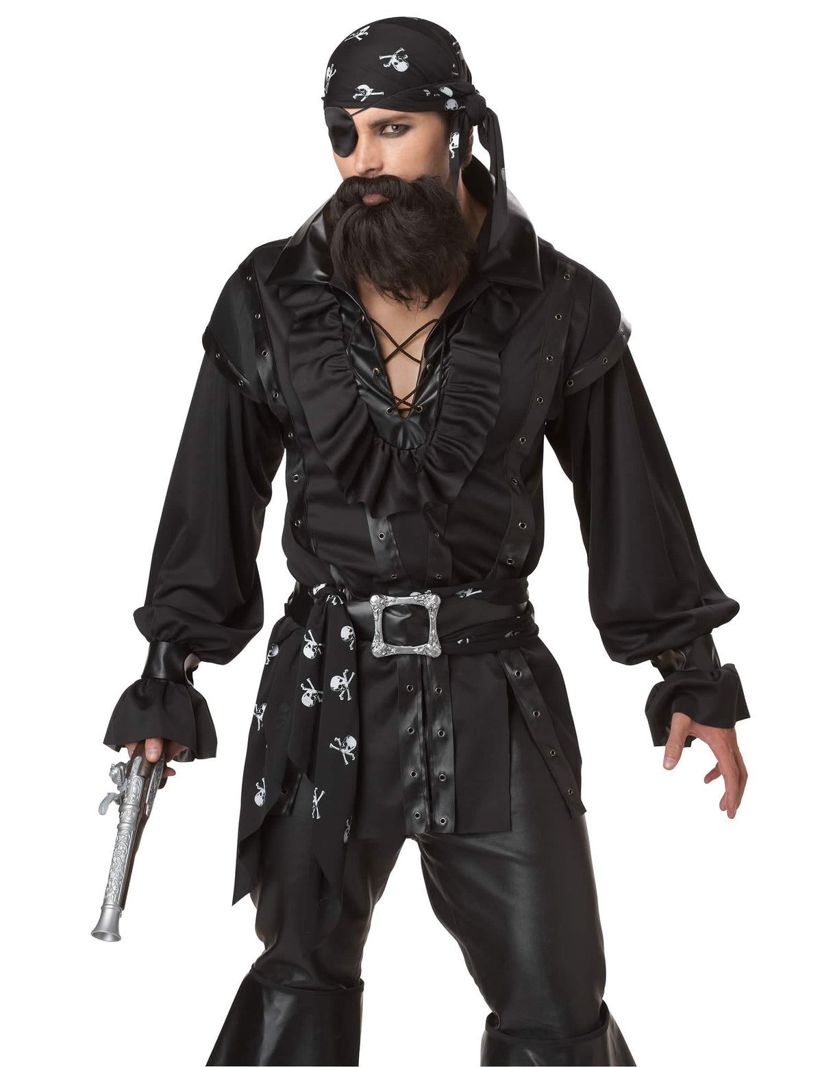 Detalle del busto y de los accesorios del disfraz de pirata para hombre negro