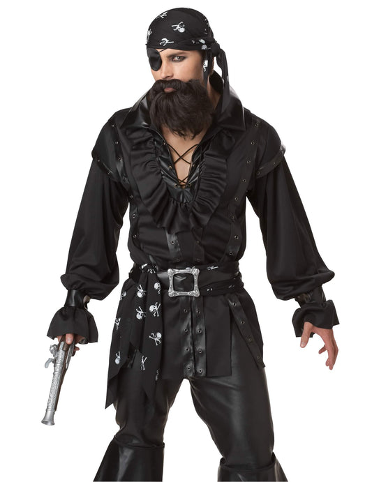 Détail du buste et des accessoires du déguisement de pirate pour homme noir
